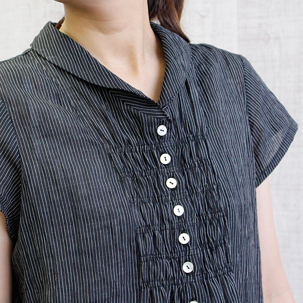 縮 シャーリングワンピース 縞黒 Ionoストア