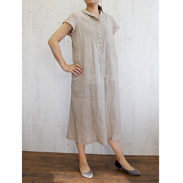 縮 シャーリングワンピース 縞ベージュ Ionoストア